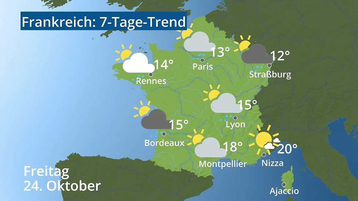 Frankreich: Wie wird das Wetter? Video 7-Tage-Trend: Paris, Straßburg, Nizza, Korsika