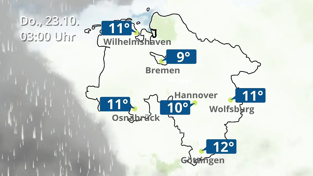 Bremen und Niedersachsen: Wie wird das Wetter? Regen- und Wolkenfilm für Hannover, Osnabrück und Wolfsburg