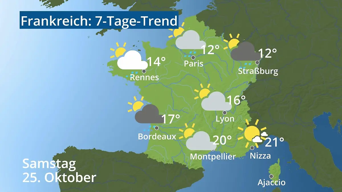 Frankreich: Wie wird das Wetter? Video 7-Tage-Trend: Paris, Straßburg, Nizza, Korsika
