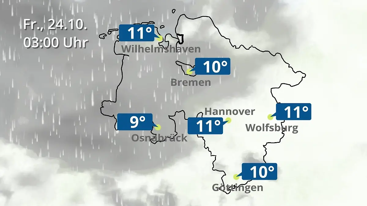 Bremen und Niedersachsen: Wie wird das Wetter? Regen- und Wolkenfilm für Hannover, Osnabrück und Wolfsburg