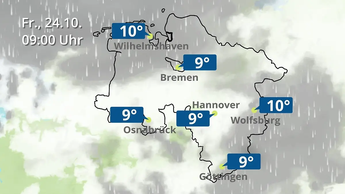 Bremen und Niedersachsen: Wie wird das Wetter? Regen- und Wolkenfilm für Hannover, Osnabrück und Wolfsburg