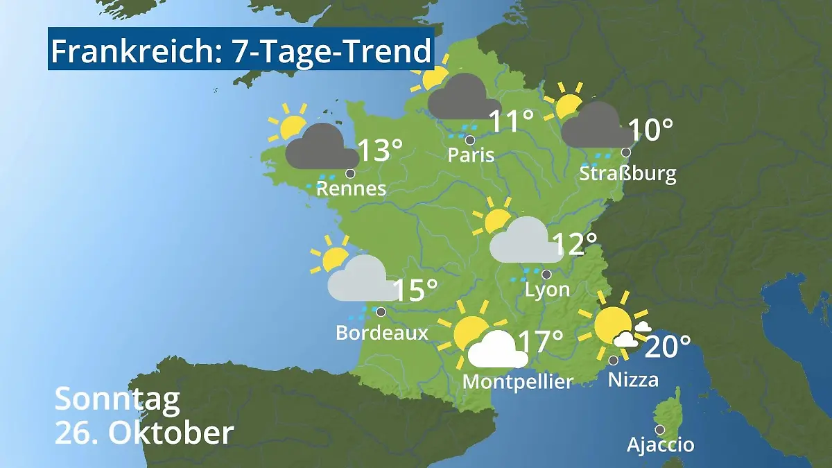 Frankreich: Wie wird das Wetter? Video 7-Tage-Trend: Paris, Straßburg, Nizza, Korsika