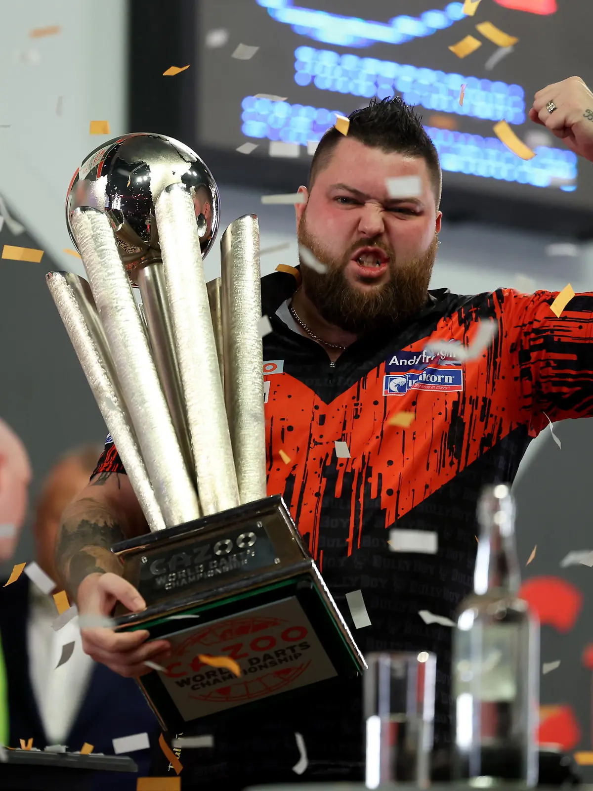 3rd January 2023, Alexandra Palace, London, England; 2022/23 PDC Cazoo World Darts Championships Day 16 Final; Michael Smith celebrates with the World Darts Championship trophy after beating Van Gerwen by a score of 7-4 / action press