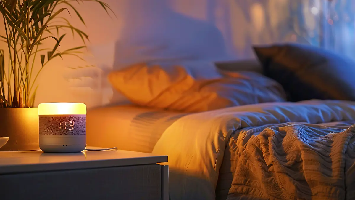 Ein intelligenter Wecker auf dem Nachttisch zeigt Uhrzeit und Temperatur in einem gemütlichen Schlafzimmer an