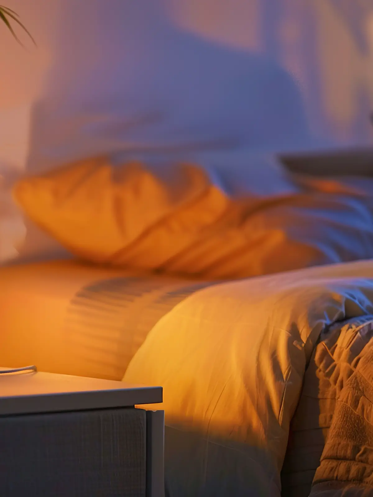 Ein intelligenter Wecker auf dem Nachttisch zeigt Uhrzeit und Temperatur in einem gemütlichen Schlafzimmer an