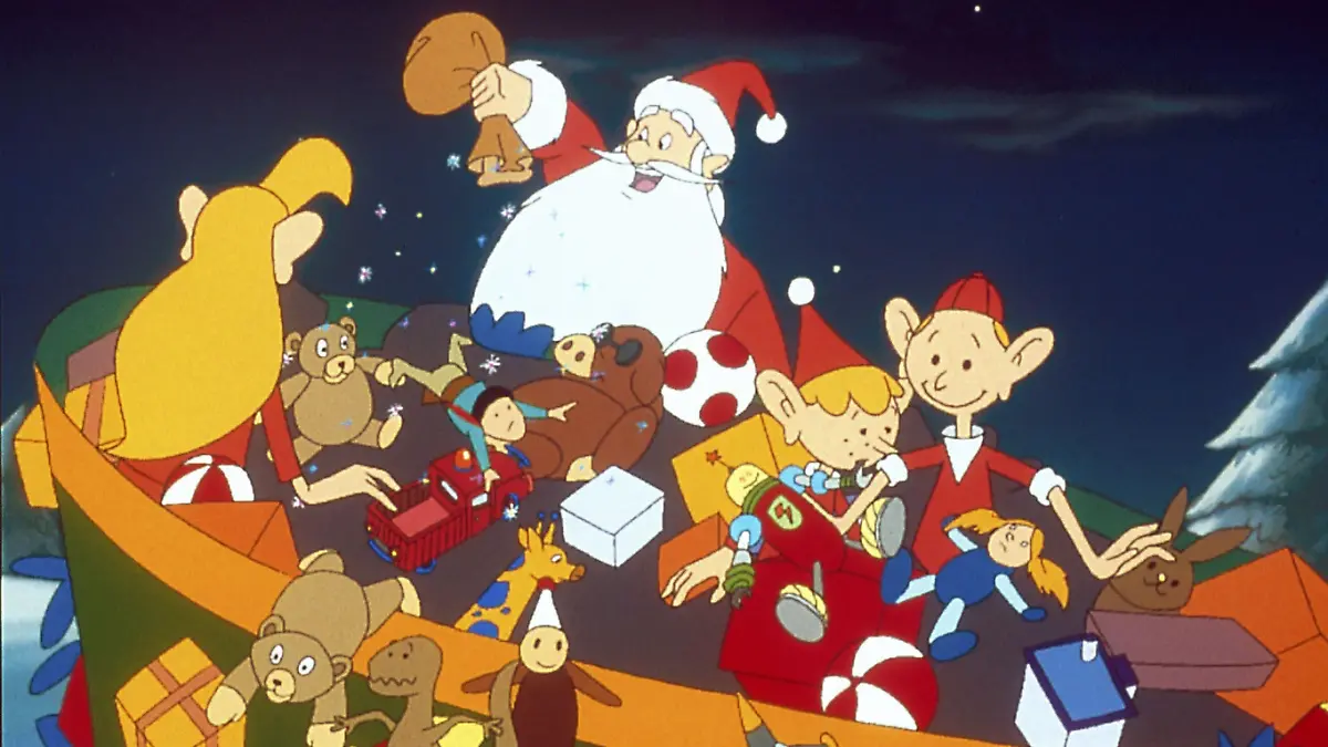 Der Weihnachtsmann und seine drei Helfer, die Elfen Trixi, Guilfi und Jordi verteilen am Heiligen Abend wieder hunderte von Geschenken.