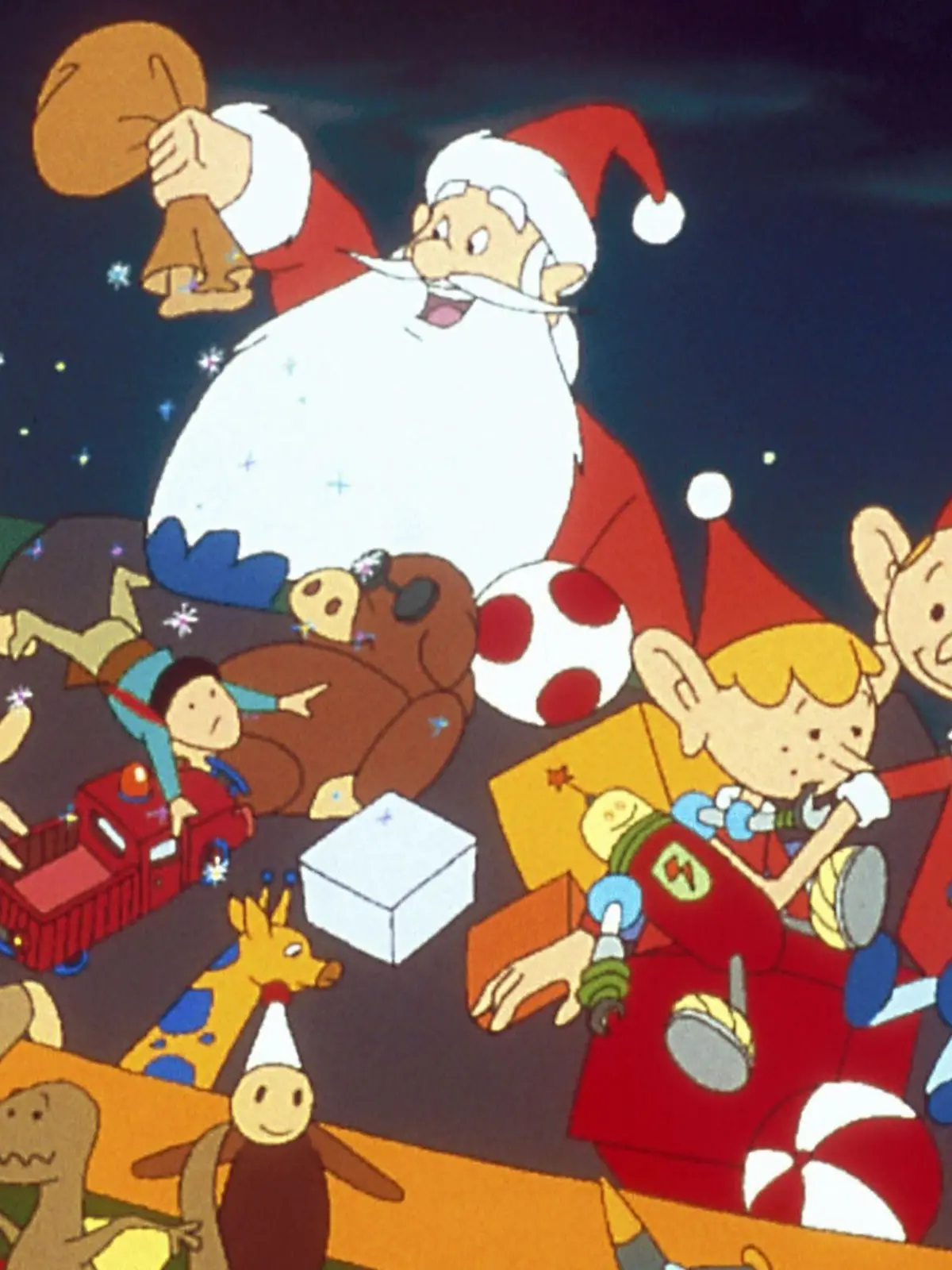 Der Weihnachtsmann und seine drei Helfer, die Elfen Trixi, Guilfi und Jordi verteilen am Heiligen Abend wieder hunderte von Geschenken.