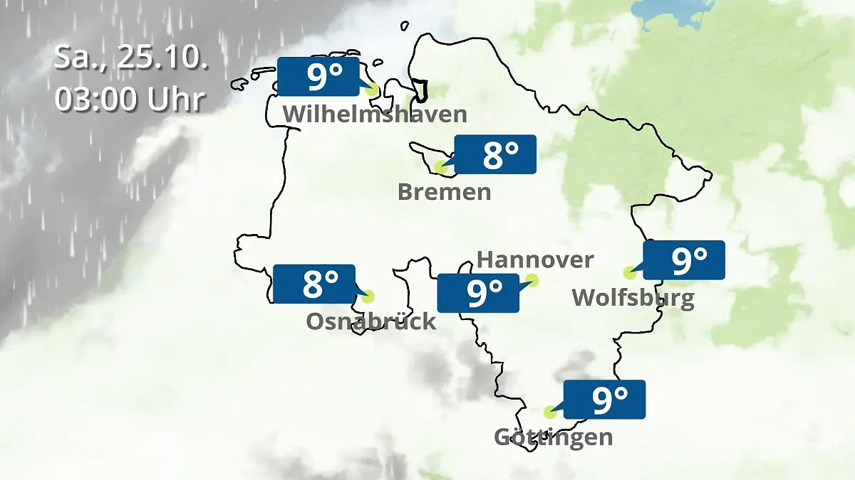 Bremen und Niedersachsen: Wie wird das Wetter? Regen- und Wolkenfilm für Hannover, Osnabrück und Wolfsburg