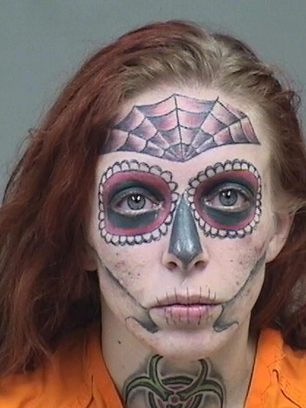 PIC FROM Kennedy News / Mahoing County Sheriff's Office (PICTURED: ALYSSA ZEBRASKY'S MUGSHOT SHOWING HER FACE TATTOOS) A woman whose mugshot went viral for her heavily tattooed FACE is undergoing gruelling laser treatment to blast the inking off - in a bid to forget the ex who she was arrested with. Alyssa Zebrasky, Cleveland, Ohio, US, underwent the elaborate Day of the Dead tatt four years ago, while in a toxic relationship with an ex-partner who also had elaborate face inkings. The 31-year-old got a spider web on her forehead as well as black shading around her eyes, nose, cheeks and lips in two arduous sessions in June 2018. DISCLAIMER: While Kennedy News and Media uses its best endeavours to establish the copyright and authenticity of all pictures supplied, it accepts no liability for any damage, loss or legal action caused by the use of images supplied and the publication of images is solely at your discretion. SEE KENNEDY NEWS COPY - 0161 697 4266

