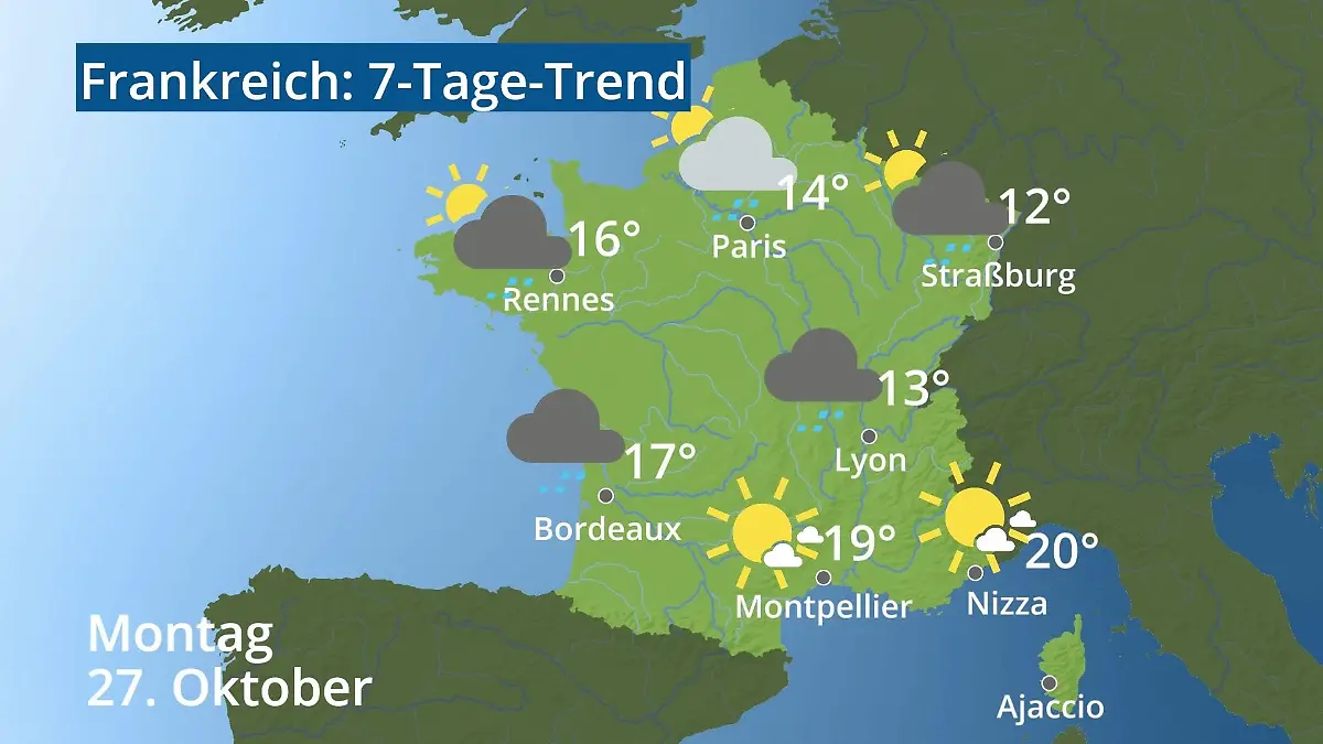 Frankreich: Wie wird das Wetter? Video 7-Tage-Trend: Paris, Straßburg, Nizza, Korsika