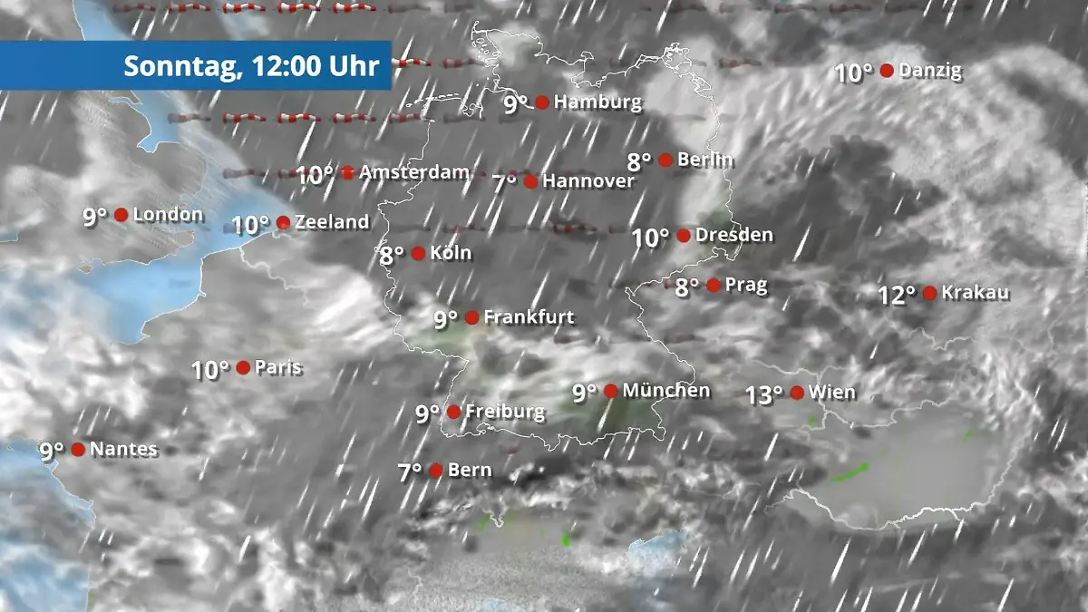 Viel Regen und sogar Schnee Der Regen- und Wolkenfilm für 48 Stunden