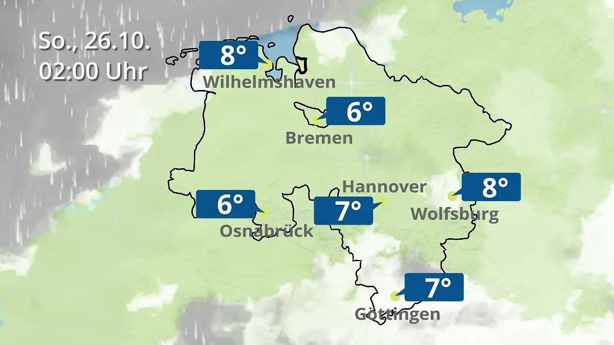 Bremen und Niedersachsen: Wie wird das Wetter? Regen- und Wolkenfilm für Hannover, Osnabrück und Wolfsburg