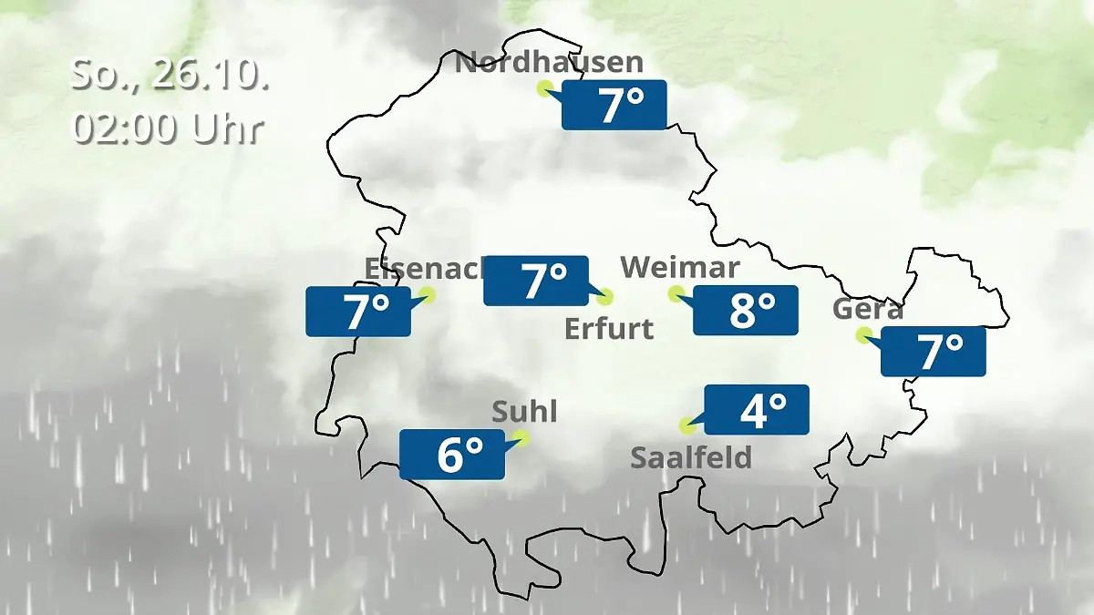 Thüringen: Wie wird das Wetter? Regen- und Wolkenfilm für Erfurt, Gera und Eisenach