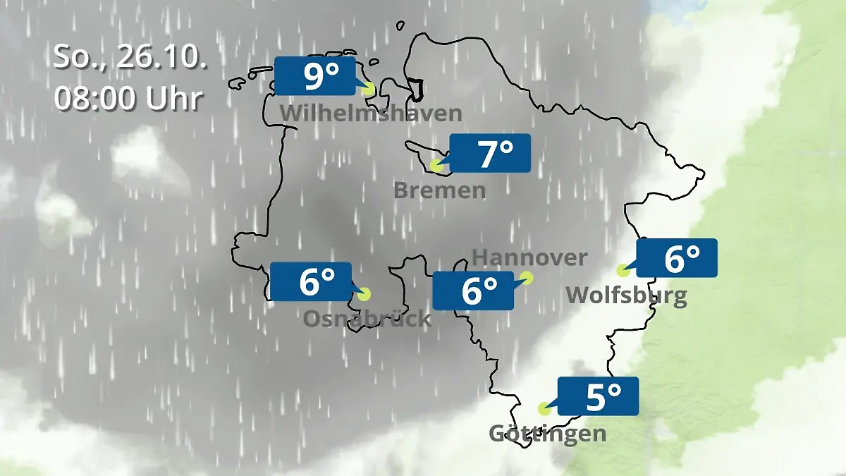 Bremen und Niedersachsen: Wie wird das Wetter? Regen- und Wolkenfilm für Hannover, Osnabrück und Wolfsburg