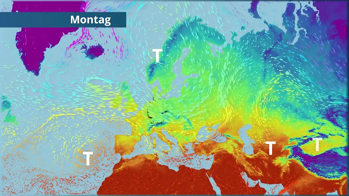 Um Europa wirbeln die Tiefruckgebiete Der Strömungsfilm für Europa für 5 Tage