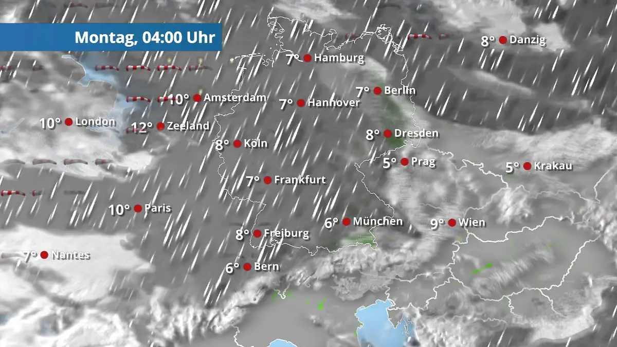 Kaum eine Regenpause in Sicht Der Regen- und Wolkenfilm für 48 Stunden
