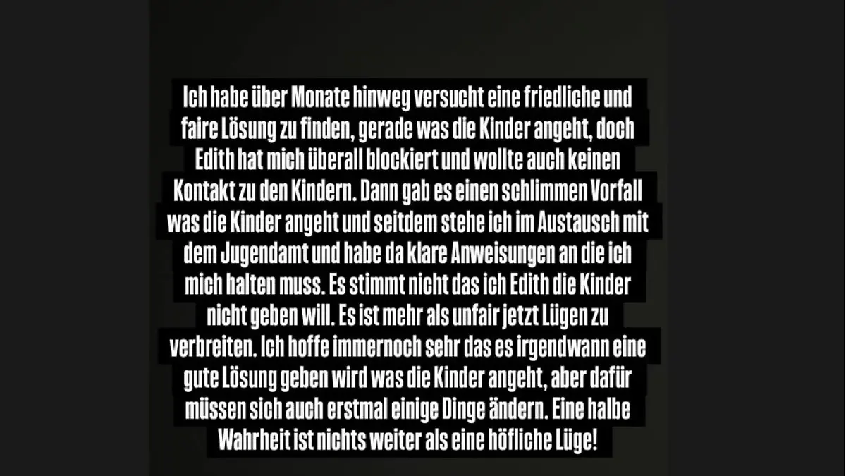 Eric Stehfest reagiert bei Instagram auf Ediths Vorwürfe