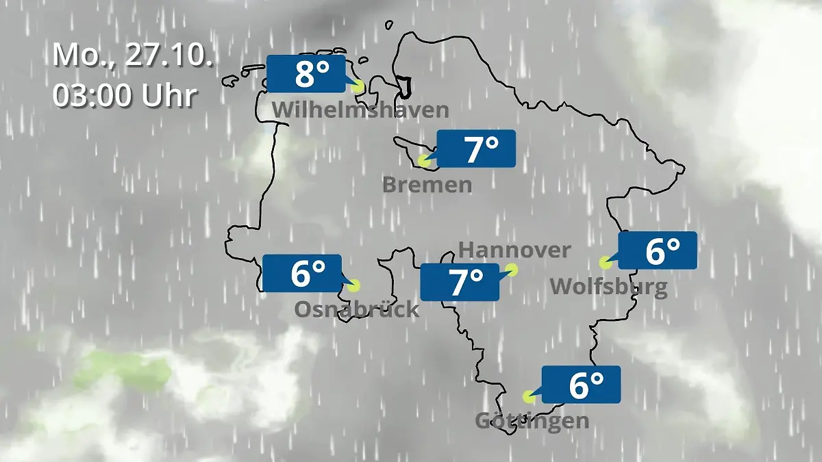 Bremen und Niedersachsen: Wie wird das Wetter? Regen- und Wolkenfilm für Hannover, Osnabrück und Wolfsburg