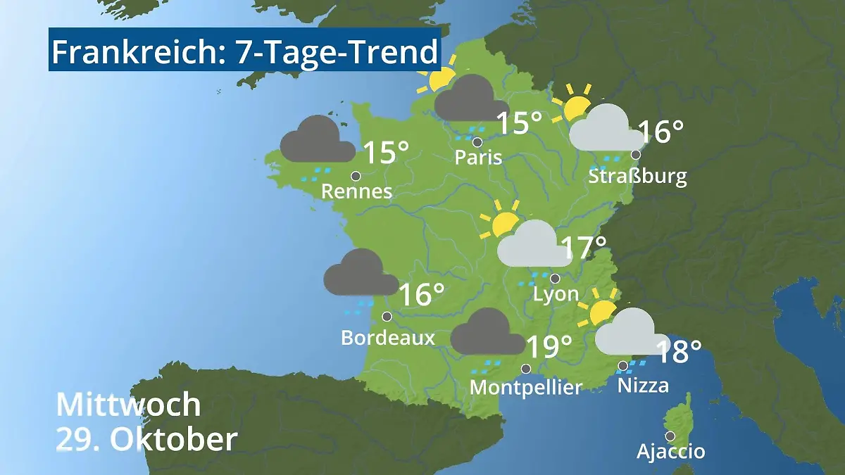 Frankreich: Wie wird das Wetter? Video 7-Tage-Trend: Paris, Straßburg, Nizza, Korsika