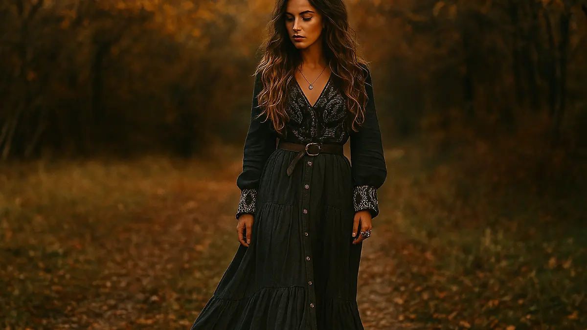 Frau mit dunklen, offenen Haaren trägt dunkles Boho-Kleid und geht durch Herbstwald.