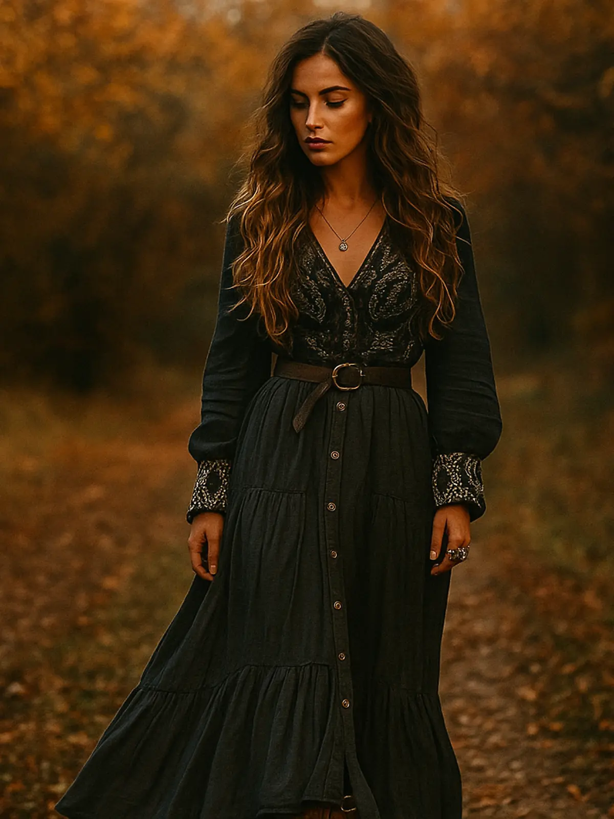 Frau mit dunklen, offenen Haaren trägt dunkles Boho-Kleid und geht durch Herbstwald.