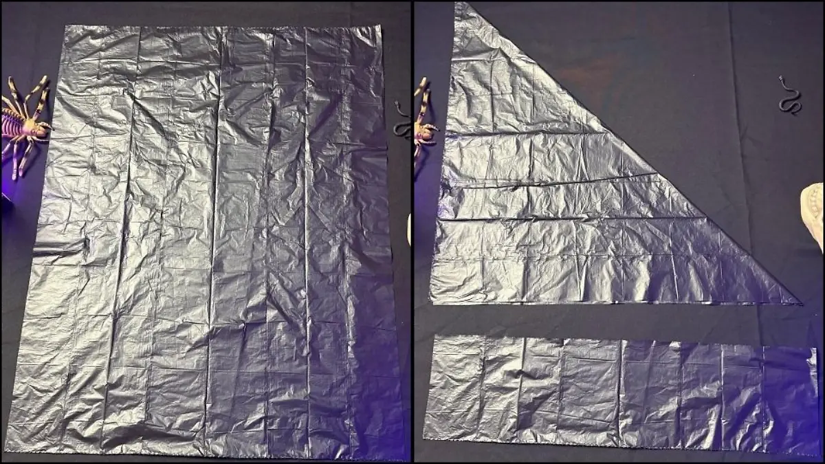 Aus einem Müllbeutel basteln wir ein gruseliges Spinnennetz. Schritt 1: Überschüssiges Plastik entfernen.