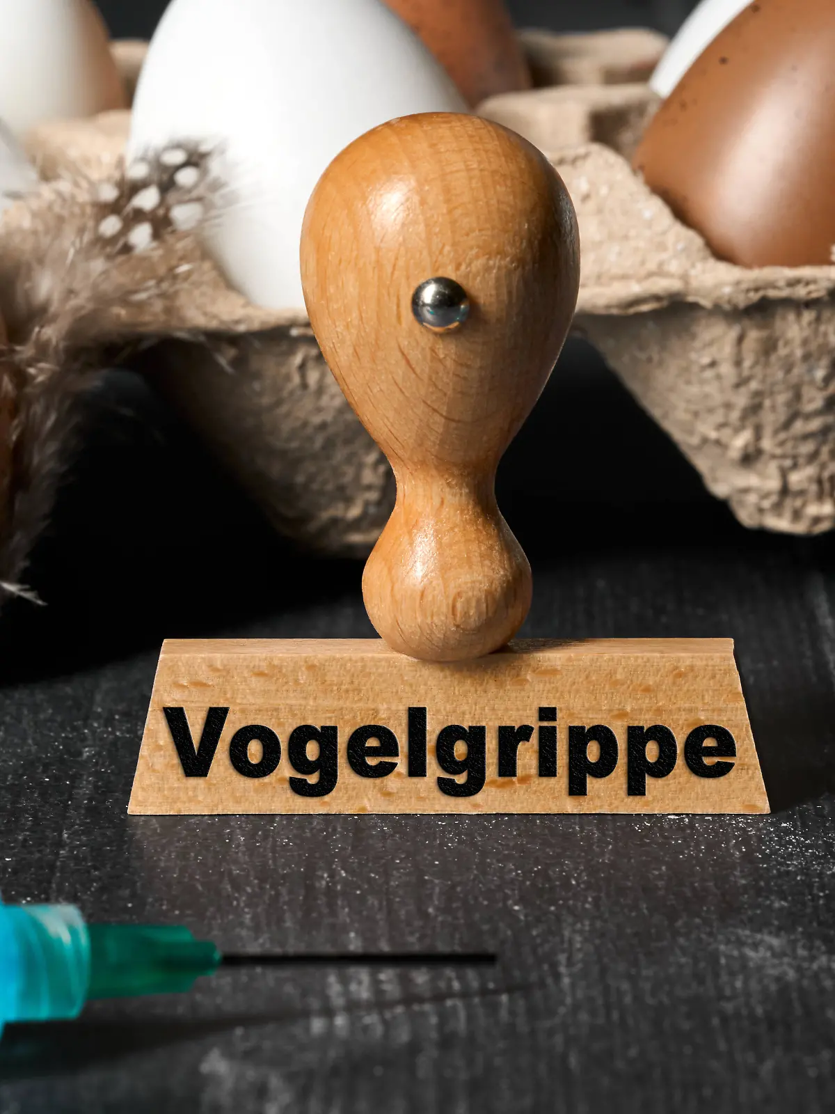 Germany - 02 July 2024: H5N1 virus - bird flu on a stamp next to egg carton and eggs of a bird or chicken. A syringe wit
