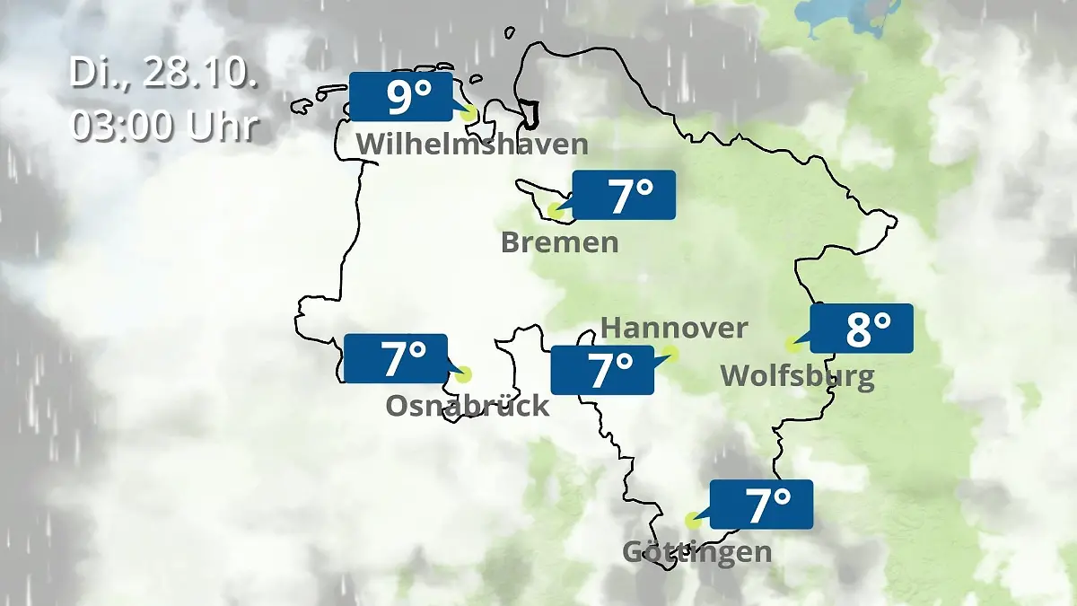 Bremen und Niedersachsen: Wie wird das Wetter? Regen- und Wolkenfilm für Hannover, Osnabrück und Wolfsburg