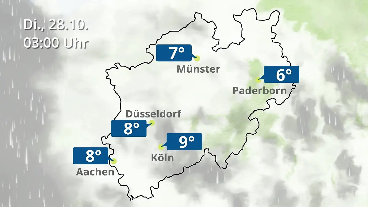 Nordrhein-Westfalen: Wie wird das Wetter? Regen- und Wolkenfilm für Köln, Düsseldorf und Münster