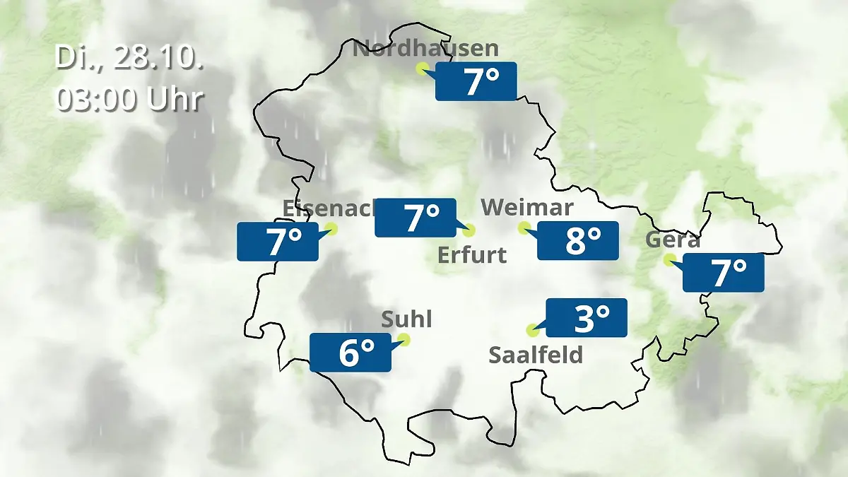 Thüringen: Wie wird das Wetter? Regen- und Wolkenfilm für Erfurt, Gera und Eisenach