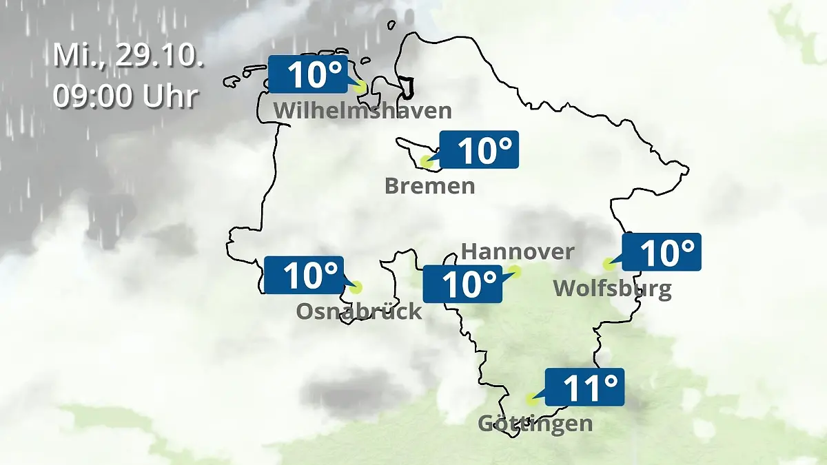 Bremen und Niedersachsen: Wie wird das Wetter? Regen- und Wolkenfilm für Hannover, Osnabrück und Wolfsburg