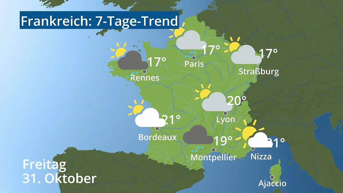 Frankreich: Wie wird das Wetter? Video 7-Tage-Trend: Paris, Straßburg, Nizza, Korsika