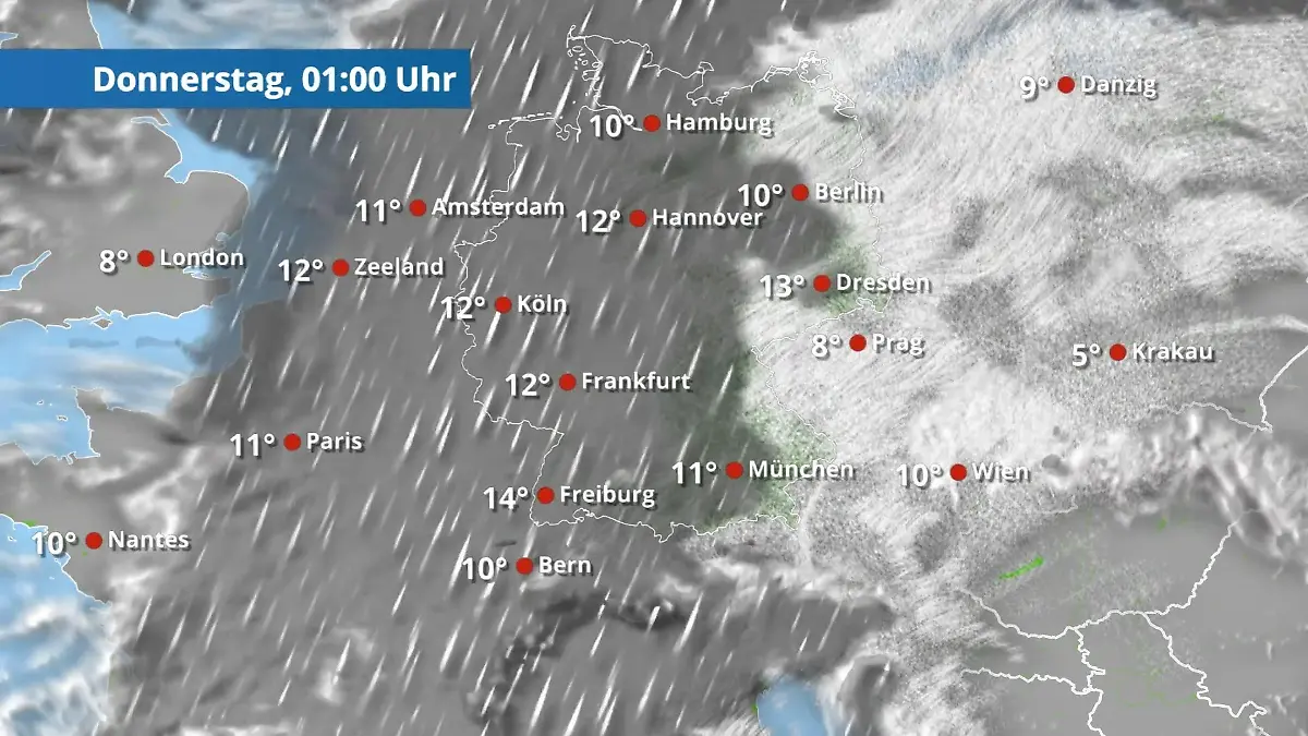 Teils kräftiger Regen von West nach Ost Der Regen- und Wolkenfilm für 48 Stunden