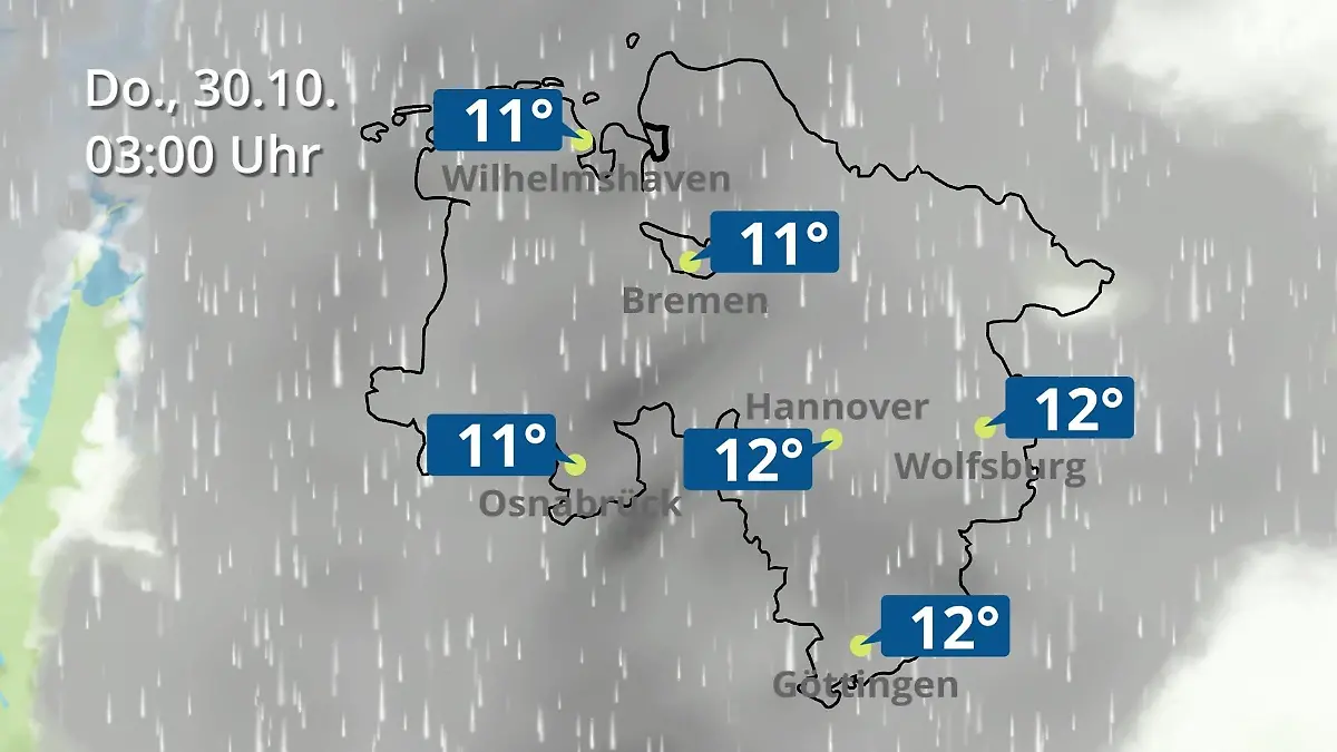 Bremen und Niedersachsen: Wie wird das Wetter? Regen- und Wolkenfilm für Hannover, Osnabrück und Wolfsburg