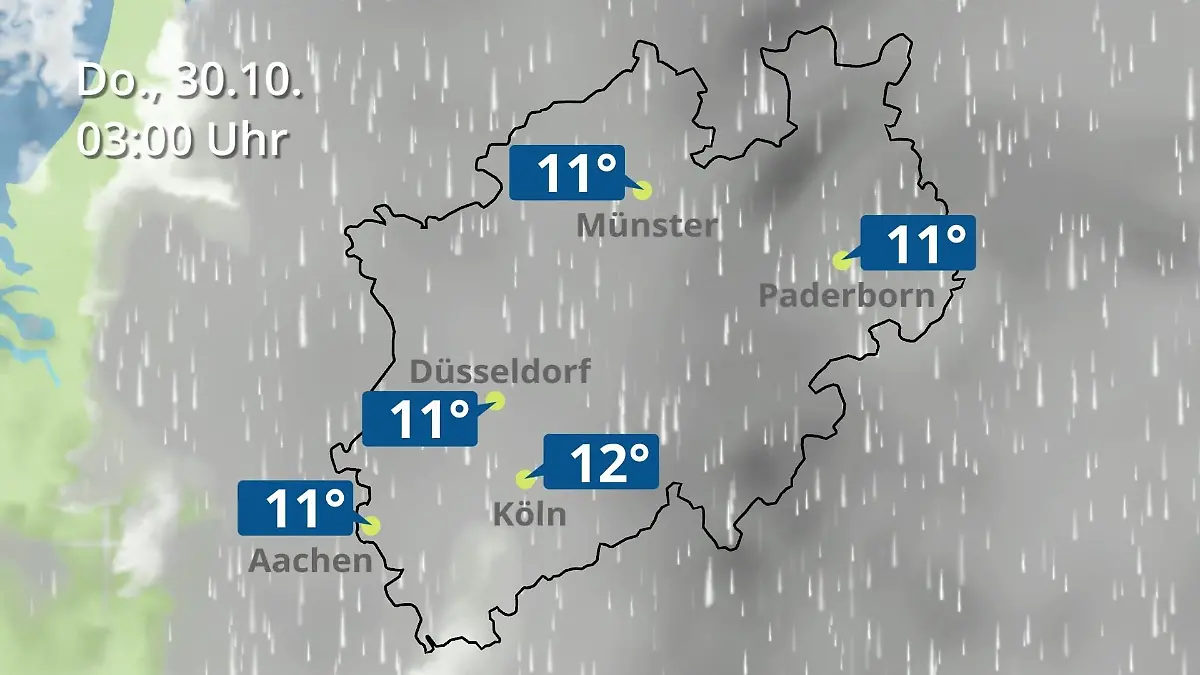 Nordrhein-Westfalen: Wie wird das Wetter? Regen- und Wolkenfilm für Köln, Düsseldorf und Münster