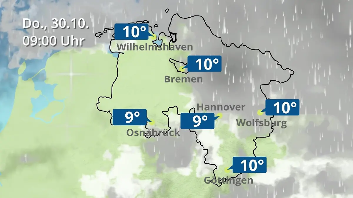 Bremen und Niedersachsen: Wie wird das Wetter? Regen- und Wolkenfilm für Hannover, Osnabrück und Wolfsburg