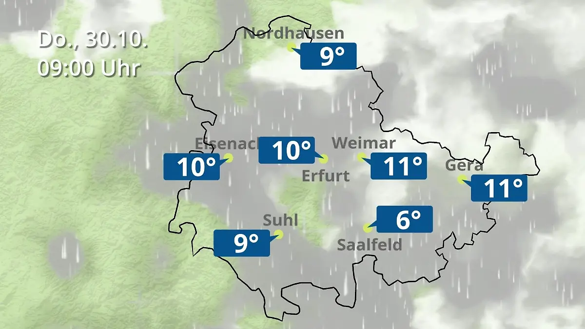 Thüringen: Wie wird das Wetter? Regen- und Wolkenfilm für Erfurt, Gera und Eisenach
