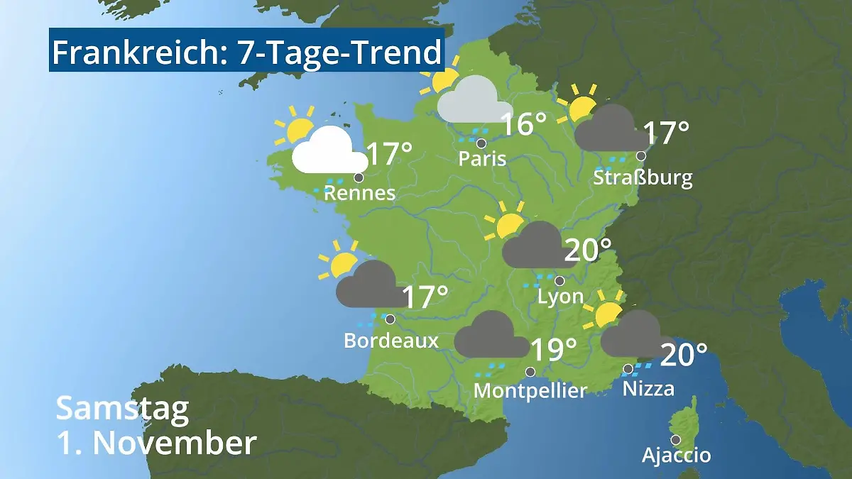Frankreich: Wie wird das Wetter? Video 7-Tage-Trend: Paris, Straßburg, Nizza, Korsika