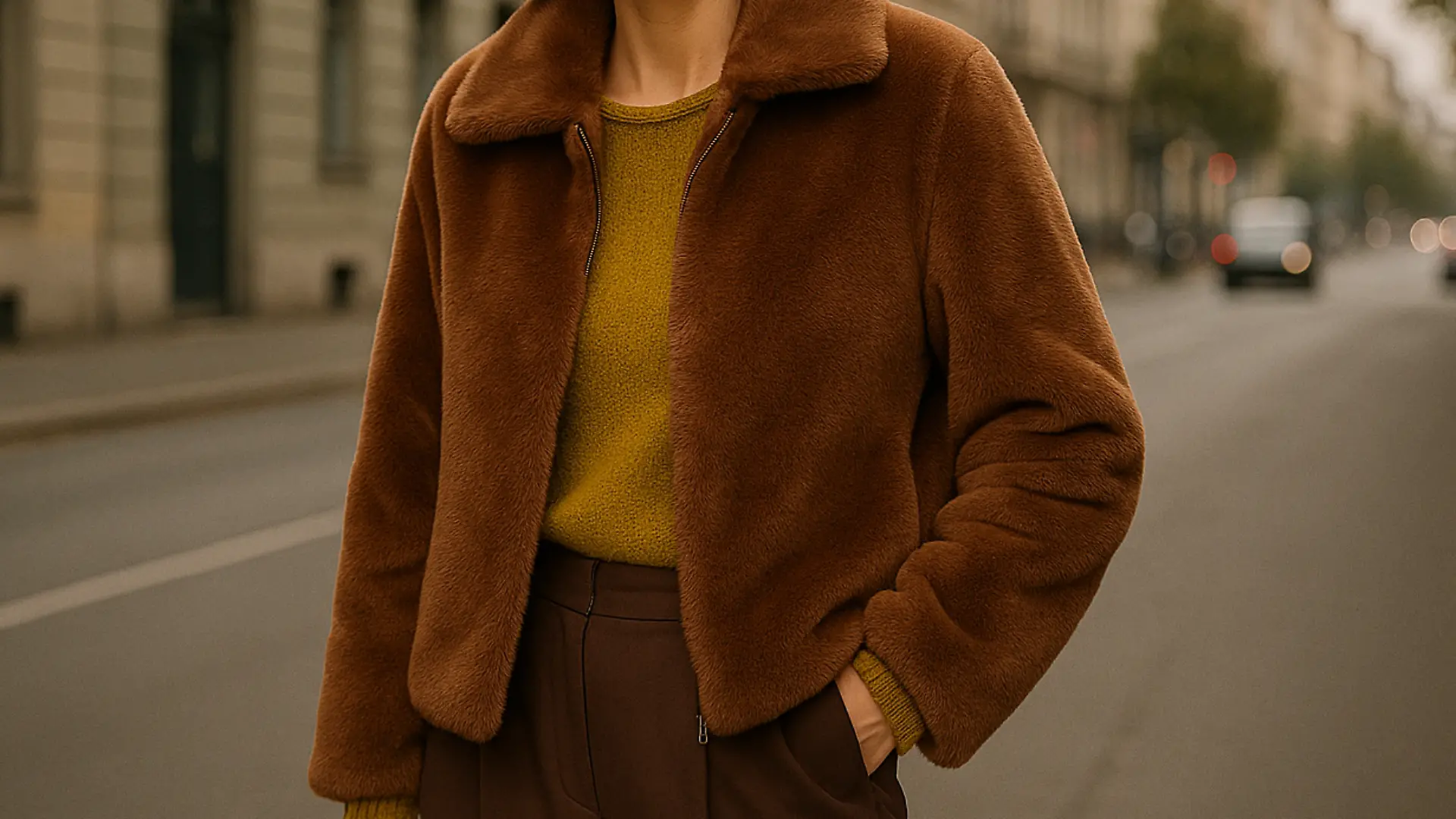 Frau trägt eine Fellimitat-Jacke von Bonprix.