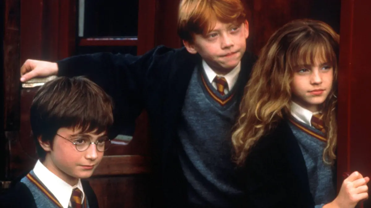 Ron Weasley, Hermine Granger und Harry Potter stehen nebeneinander und blicken skeptisch in die Ferne.