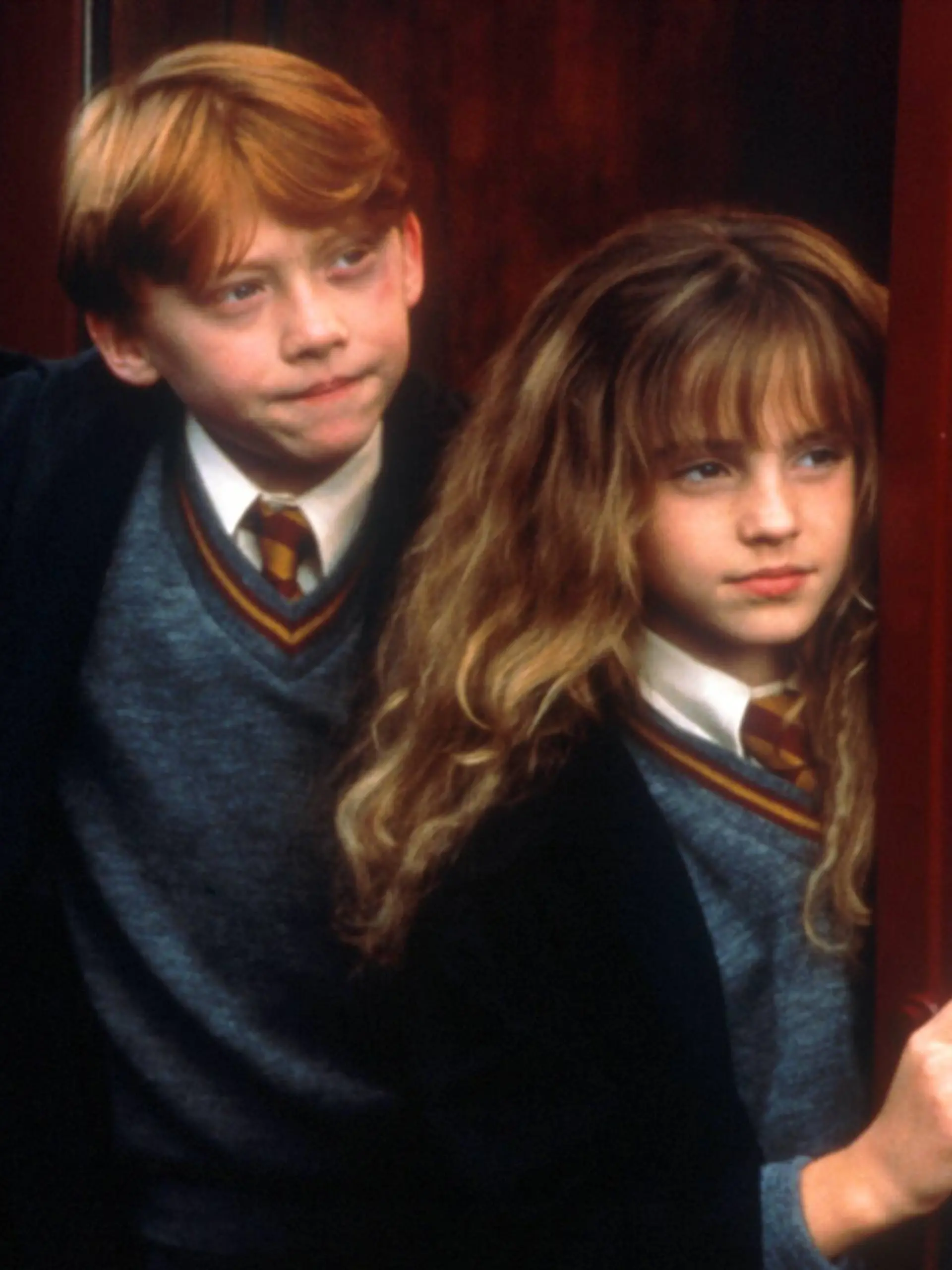 Ron Weasley, Hermine Granger und Harry Potter stehen nebeneinander und blicken skeptisch in die Ferne.
