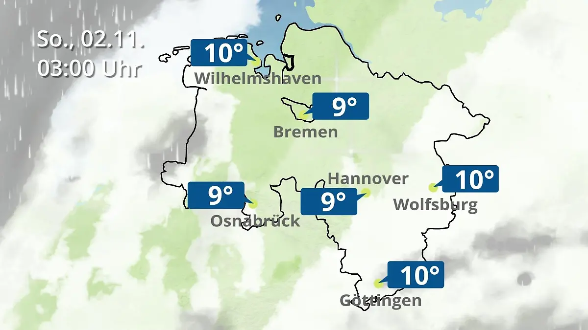 Bremen und Niedersachsen: Wie wird das Wetter? Regen- und Wolkenfilm für Hannover, Osnabrück und Wolfsburg