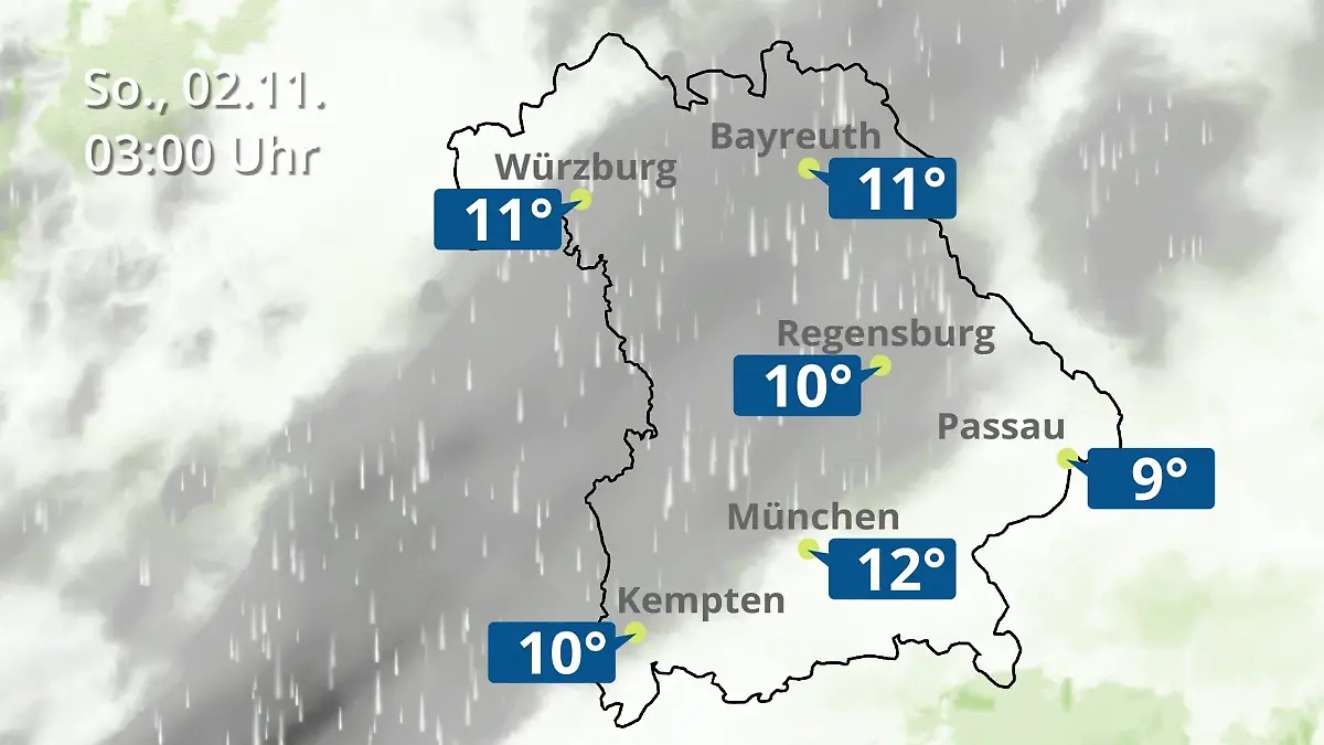 Bayern: Wie wird das Wetter? Regen- und Wolkenfilm für München, Regensburg und Würzburg