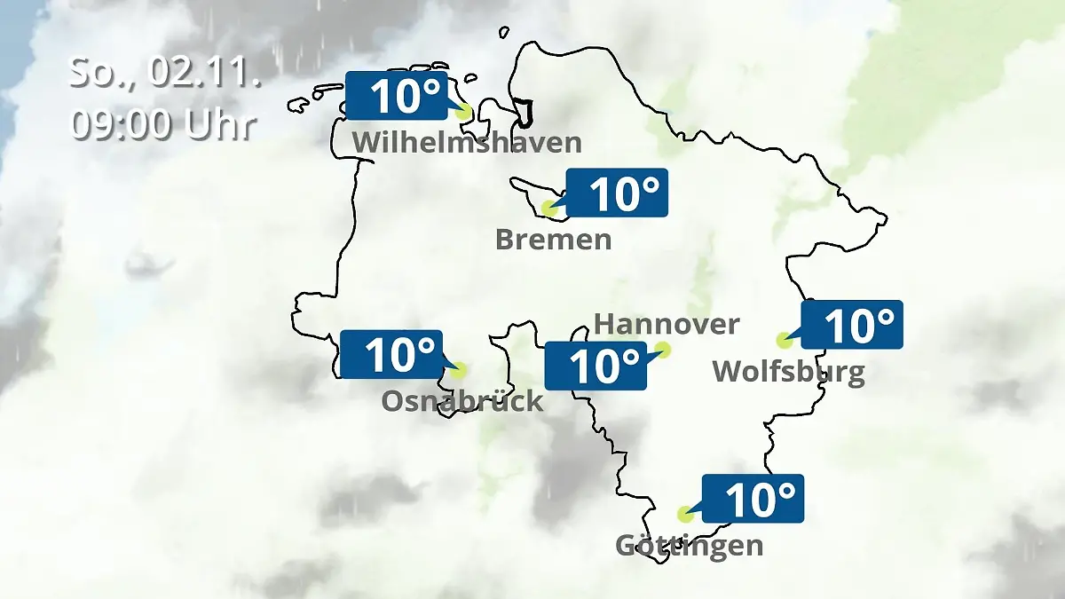 Bremen und Niedersachsen: Wie wird das Wetter? Regen- und Wolkenfilm für Hannover, Osnabrück und Wolfsburg