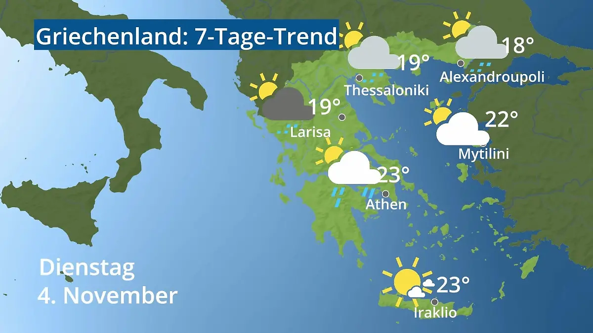 Griechenland: Wie wird das Wetter? Video 7-Tage-Trend: Athen, Kreta, Lesbos