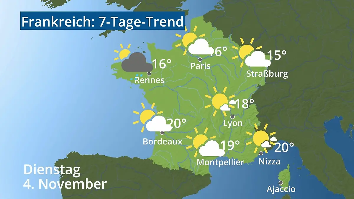 Frankreich: Wie wird das Wetter? Video 7-Tage-Trend: Paris, Straßburg, Nizza, Korsika