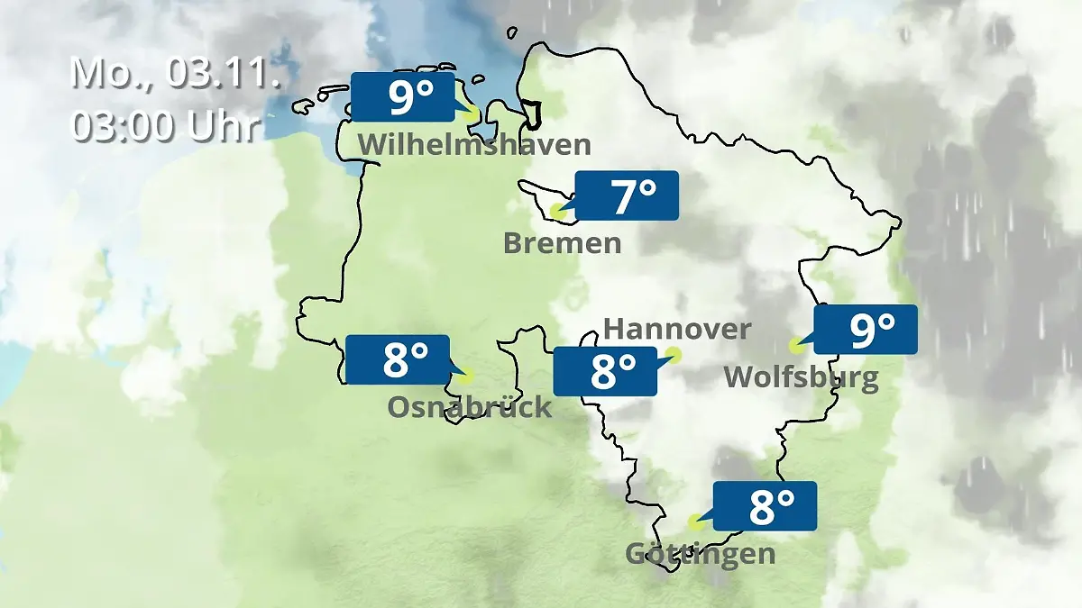 Bremen und Niedersachsen: Wie wird das Wetter? Regen- und Wolkenfilm für Hannover, Osnabrück und Wolfsburg