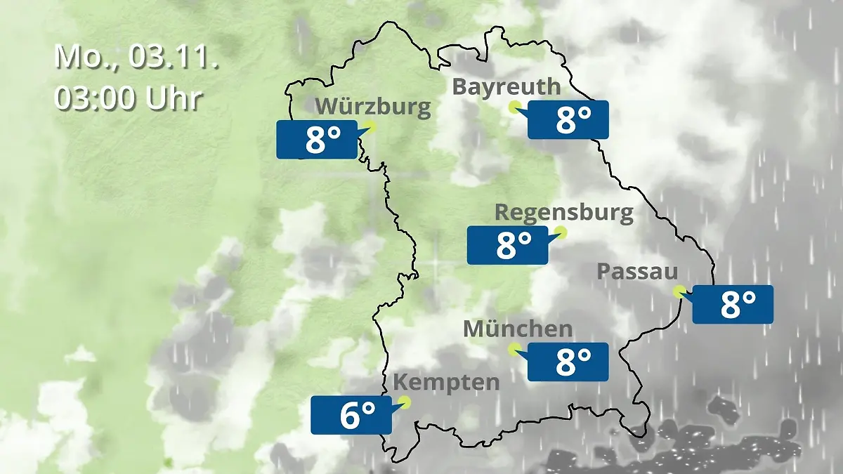 Bayern: Wie wird das Wetter? Regen- und Wolkenfilm für München, Regensburg und Würzburg