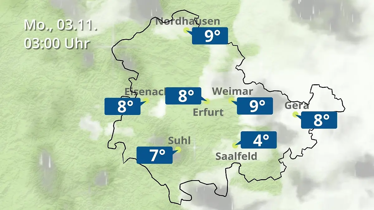 Thüringen: Wie wird das Wetter? Regen- und Wolkenfilm für Erfurt, Gera und Eisenach