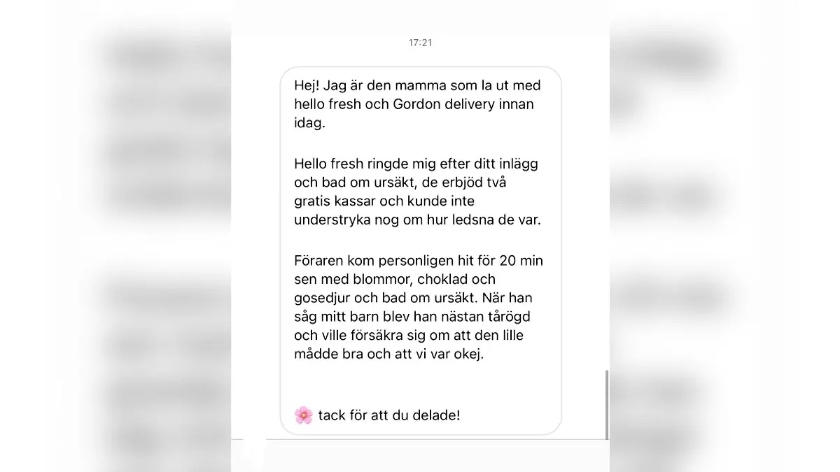 Die Nachricht der Mutter, in der sie sich auf schwedisch beim Lieferdienst für die aufrichtige Entschuldigung bedankt. "Dem Fahrer kamen fast die Tränen. Danke fürs Teilen!", schreibt sie unter anderem.